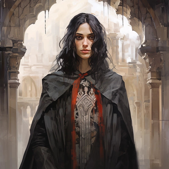 Haunted young woman in a dark cloak with intricate designs standing in an architectural ruin.