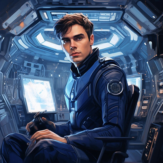 Earnest young man in a futuristic space suit seated inside a spacecraft cockpit.
