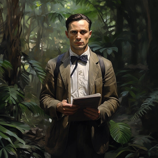 Adventurous man in explorer's attire holding a field notebook  in a dense jungle setting.